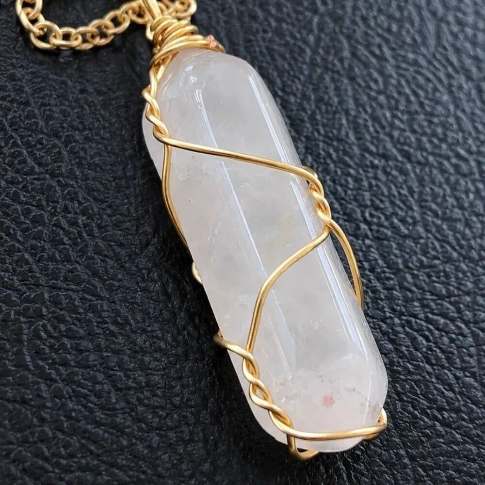 Hexagonal Blush Crystal Pendant Necklace Gold Tone Wire Wrapped